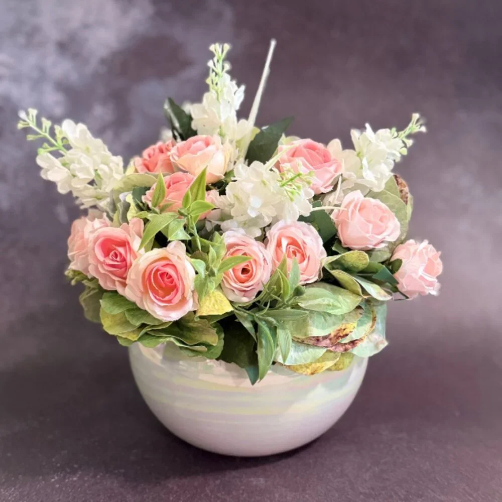 Faux Pink Rose Floral Arrangement Centerpiece in Ceramic Pearl Bowl